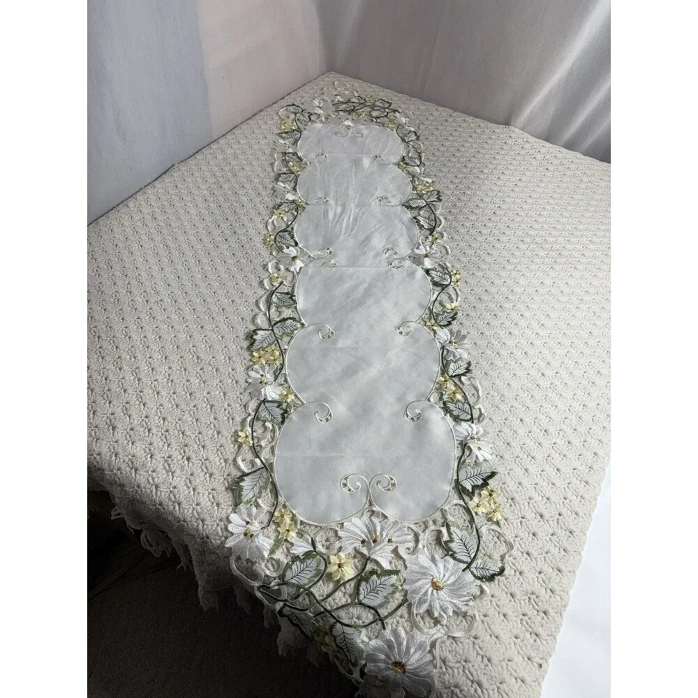 White Embroidered Floral Table Runner, Scalloped Cutout Edge 58”x 13”